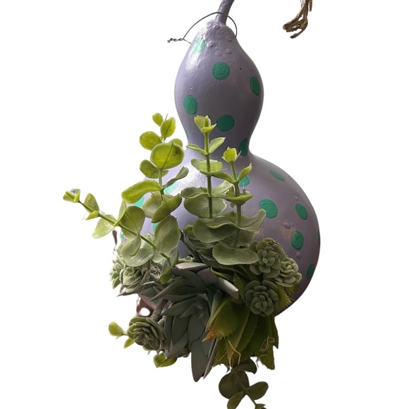 Hand crafted painted dried gourd planter purple aqua blue dots faux succulents - Picture 6 of 16